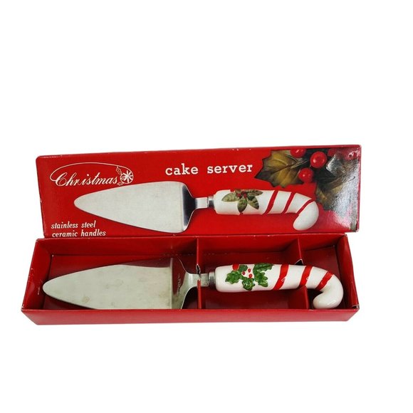 Christmas Pie Cake Server Cheese Knife Set Ceramic Handle Stainless Steel Holly - Picture 2 of 9
